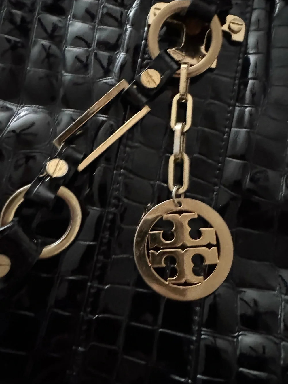 Tory Burch Black Croc-Embossed Patent Leather Tote Shoulder Bag Gold Hardware